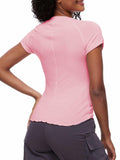 Womens Tops Short Sleeve T Shirts Round Neck Summer Fashion Clothes Y2K Pink L by Deal US