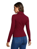 Women's Long Sleeve Turtleneck Cut Out Front Ribbed Knit Tee Shirt Burgundy S by Deal US