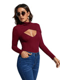 Women's Long Sleeve Turtleneck Cut Out Front Ribbed Knit Tee Shirt Burgundy S by Deal US