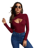 Women's Long Sleeve Turtleneck Cut Out Front Ribbed Knit Tee Shirt Burgundy S by Deal US