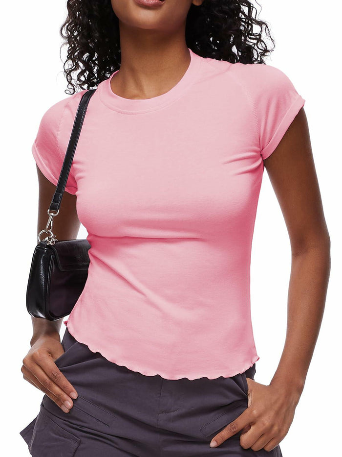Womens Tops Short Sleeve T Shirts Round Neck Summer Fashion Clothes Y2K Pink L by Deal US