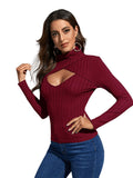 Women's Long Sleeve Turtleneck Cut Out Front Ribbed Knit Tee Shirt Burgundy S by Deal US