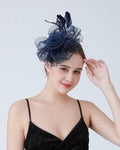 SHUERIET Women Feather Veil Floral Headband Hat Navy by Deal US