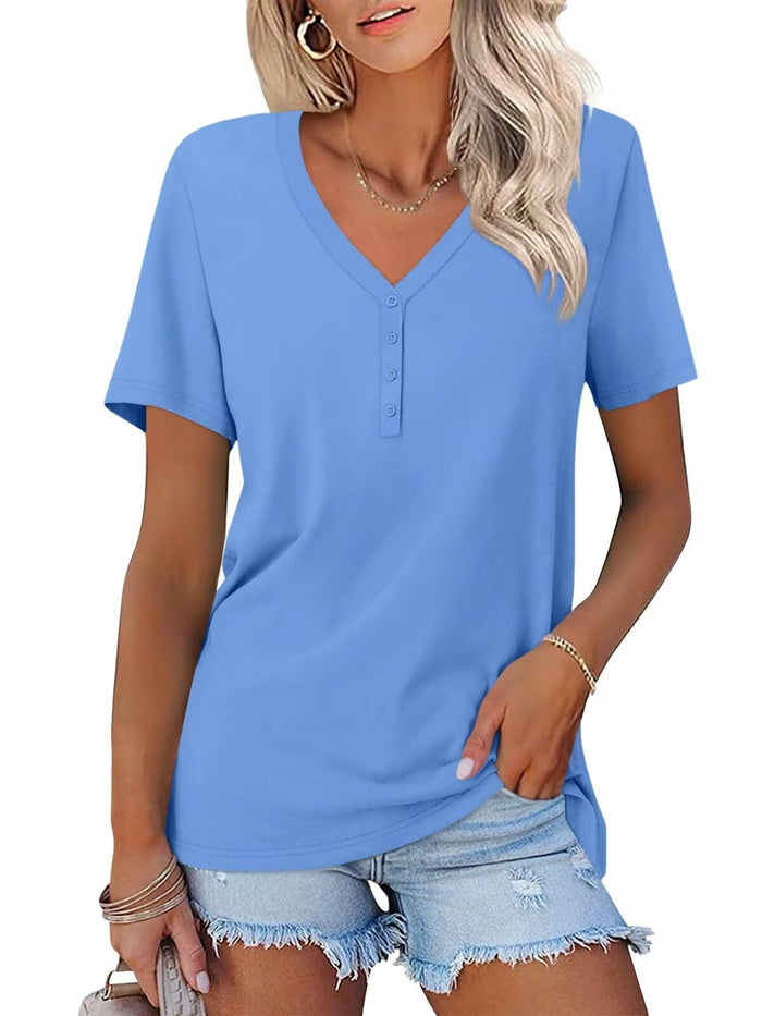 TICTICMISS Women's V Neck Short Sleeve Casual Summer Tee B-Blue by Deal US