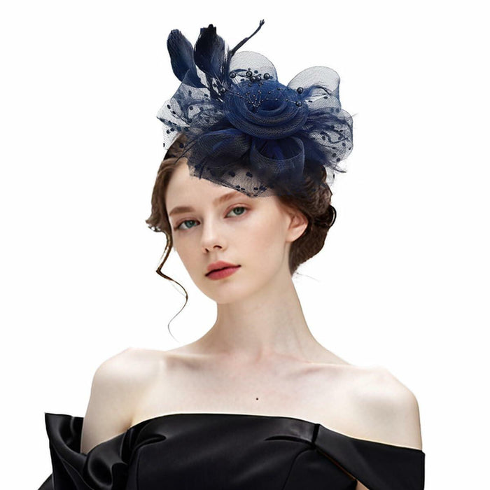 SHUERIET Women Feather Veil Floral Headband Hat Navy by Deal US