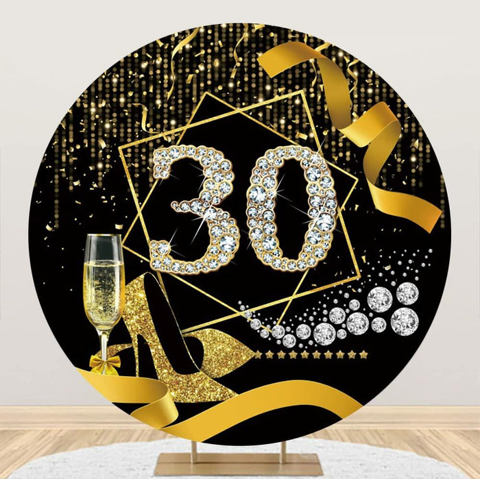 Baocicco 7.5ft 30th Birthday Round Backdrop Black Gold Glitter Ribbon by Deal US