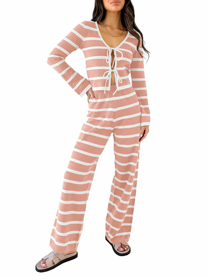 Tankaneo Womens Tie Front Striped Knit Lounge Set Pink Size S by Deal US
