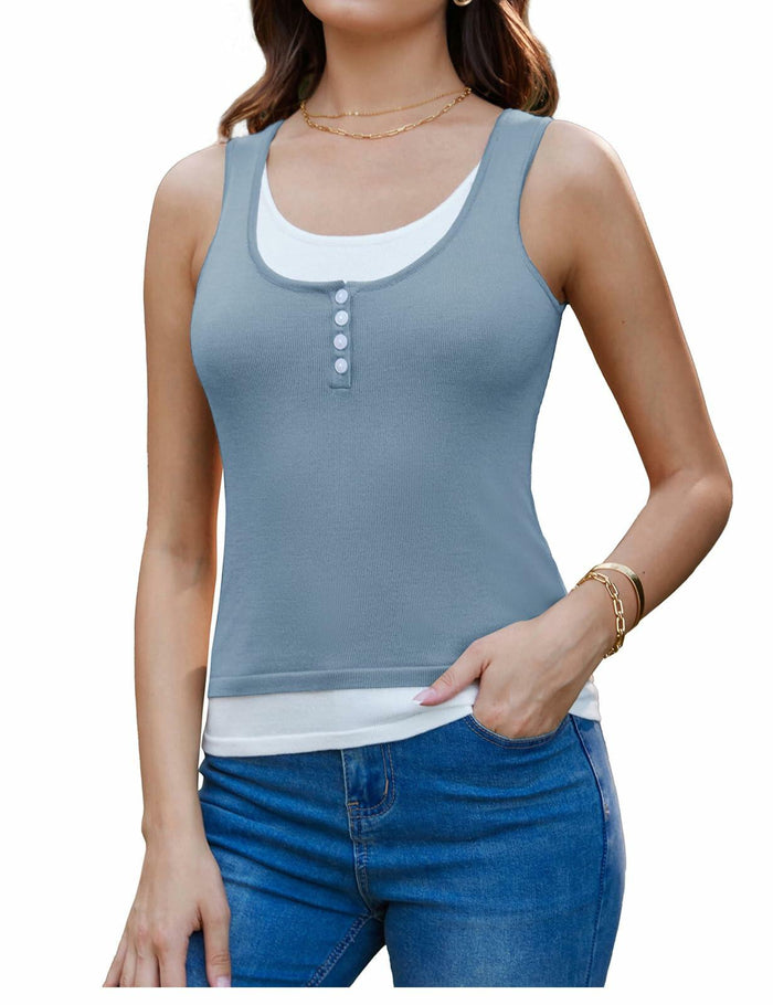 GRACE KARIN Knit Sleeveless Henley Tank Top Square Neck Sweater Vest Grey Size L by Deal US