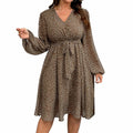 RWJ Plus Size Chiffon V Neck Swiss Dot Belt Dress Long Sleeve Coffee Size Plus by Deal US