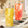 [Like New] Personalized Initial Glass Cup 24oz Tumbler w/Lid Straw Monogram Gift for Women by Deal US