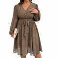 RWJ Plus Size Chiffon V Neck Swiss Dot Belt Dress Long Sleeve Coffee Size Plus by Deal US