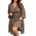 RWJ Plus Size Chiffon V Neck Swiss Dot Belt Dress Long Sleeve Coffee Size Plus by Deal US