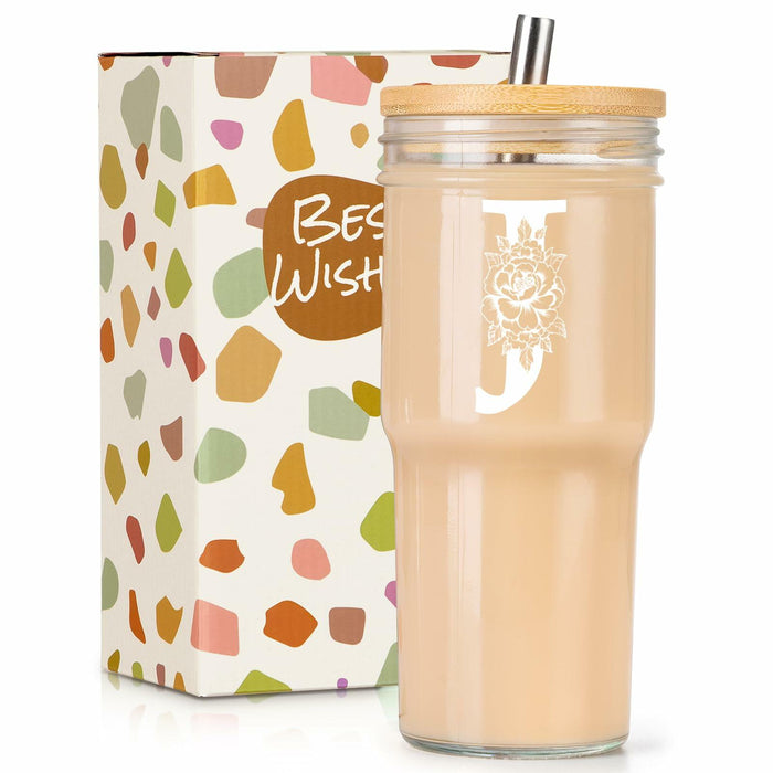 [Like New] Personalized Initial Glass Cup 24oz Tumbler w/Lid Straw Monogram Gift for Women by Deal US