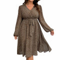RWJ Plus Size Chiffon V Neck Swiss Dot Belt Dress Long Sleeve Coffee Size Plus by Deal US