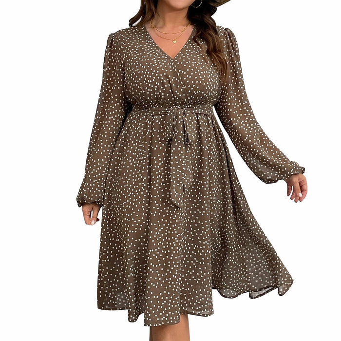 RWJ Plus Size Chiffon V Neck Swiss Dot Belt Dress Long Sleeve Coffee Size Plus by Deal US