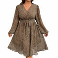 RWJ Plus Size Chiffon V Neck Swiss Dot Belt Dress Long Sleeve Coffee Size Plus by Deal US