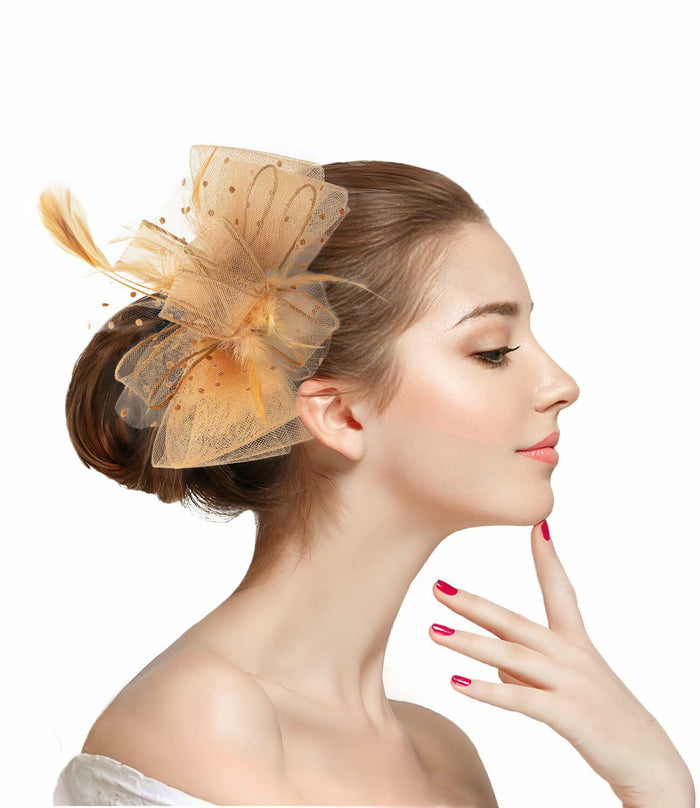 Unpifolov Fascinators Flower Mesh Feathers Headwear Dark Yellow by Deal US