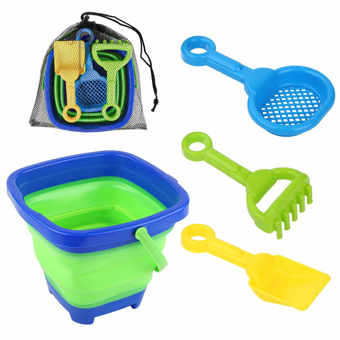 Beach Toys Set Collapsible Bucket 3 Shovels Mesh Bag Foldable Pail Toddler by Deal US