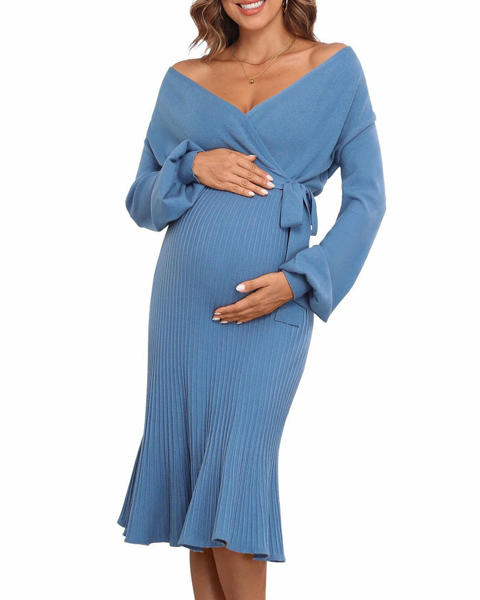 V FOR CITY Maternity Sweater Dress Wrap Knit Pleated Midi Blue Size M by Deal US