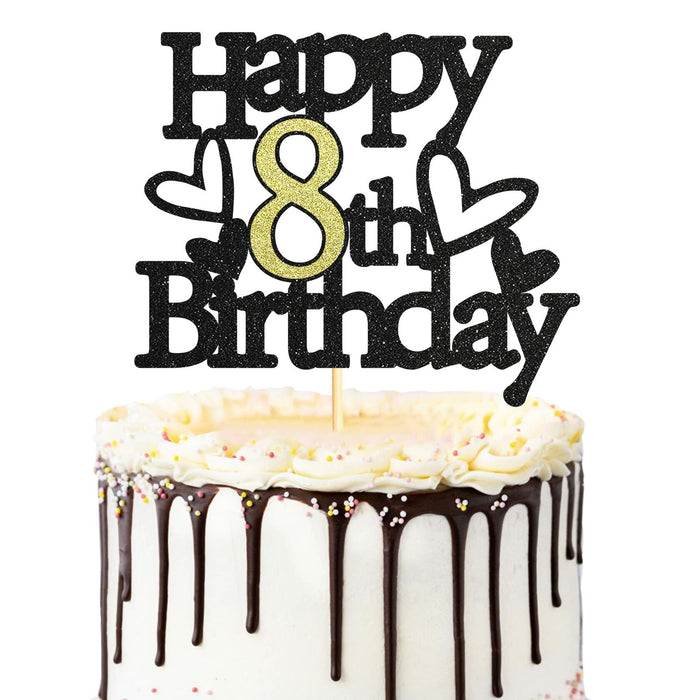 Sumerk 8th Birthday Cake Topper Black Gold Glitter Party Decoration by Deal US