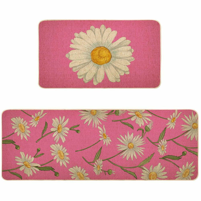 Spring Kitchen Mats Set of 2 Floral Daisy Rugs Pink 17x29 & 17x47 Inch by Deal US