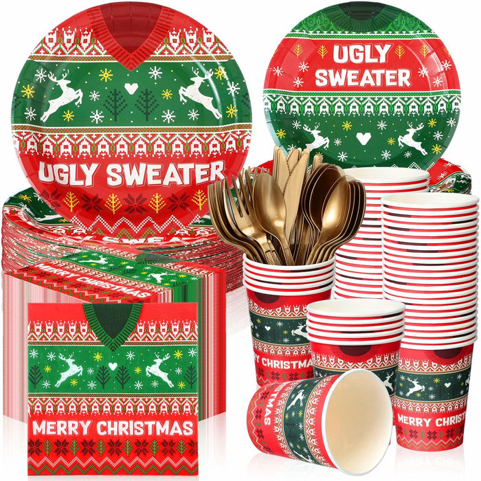 Yaomiao 180 Pcs Xmas Ugly Sweater Party Supplies Set Vintage Plates Cups Napkins by Deal US