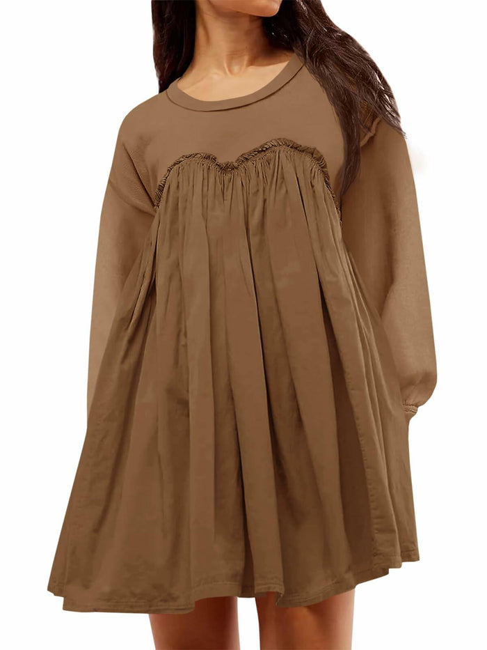 Wenrine Womens Long Sleeve Patchwork Sweatshirt Dress Mini Coffee M by Deal US