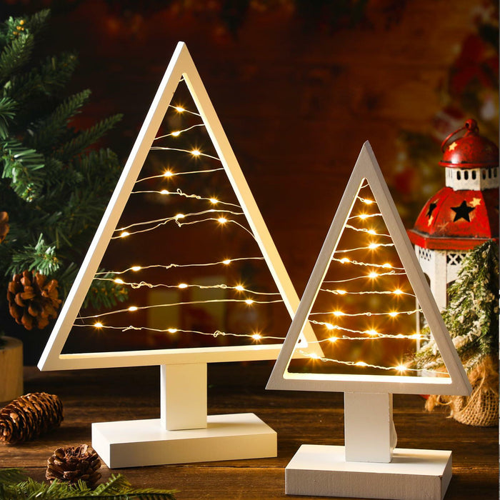 Cinnvoice Wood Christmas Tree with Lights Set of 2 White 13.4" & 9.8" by Deal US