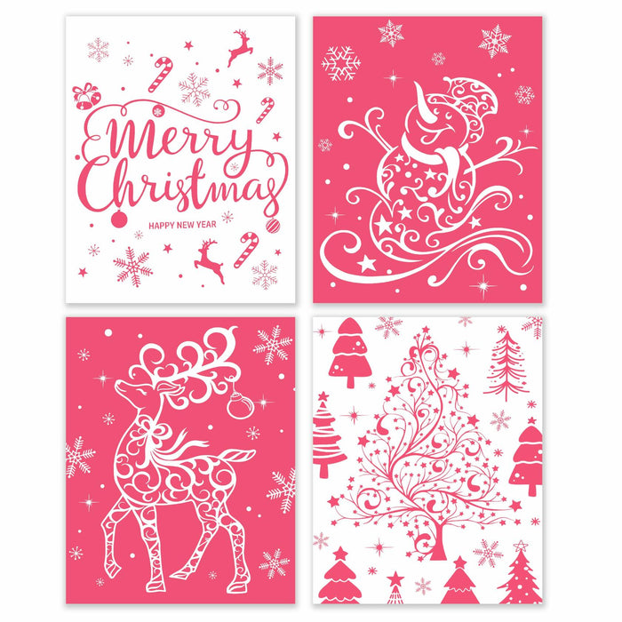 BESERH Pink Christmas Wall Decor Santa Reindeer Bells 8x10in Set of 4 by Deal US
