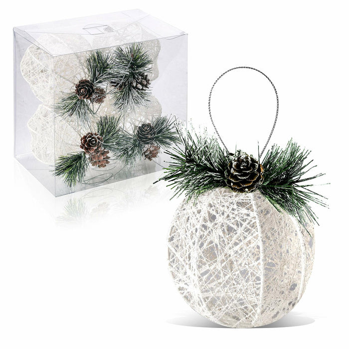 [Like New] Christmas Ball Ornaments 4pc Set White Pinecone Rattan Thread String 4.7" by Deal US