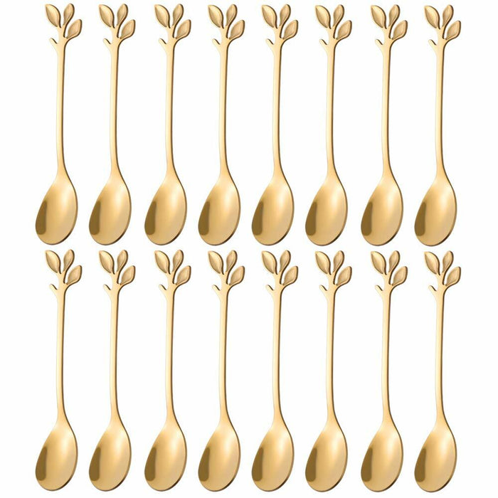 AnSaw 16-Pack Elegant Gold Leaf 4.7" Espresso Spoons Stainless Steel Mini by Deal US