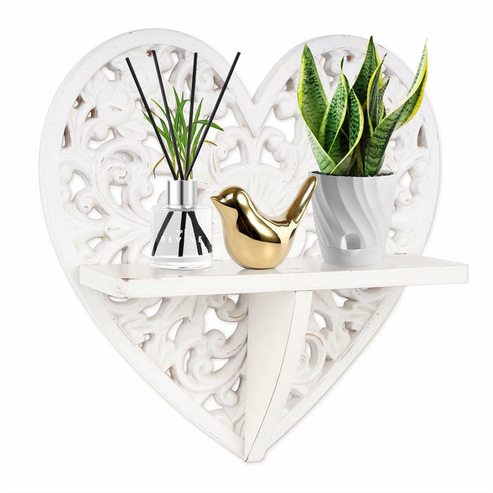Multipurpose Floating Wall Shelf with Key Hooks Heart-Shaped 12" Vintage White by Deal US