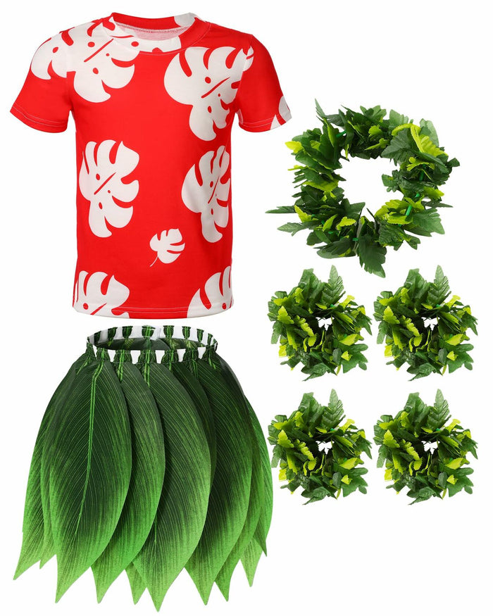 Toulite Halloween Girl Hawaiian Luau Costume Red Leaf T-Shirt Headband Anklet by Deal US