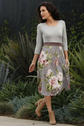 Eloges Women's Floral Midi Dress 3/4 Sleeve Contrast Waistband Grey/Mocha Size S by Deal US