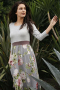 Eloges Women's Floral Midi Dress 3/4 Sleeve Contrast Waistband Grey/Mocha Size S by Deal US