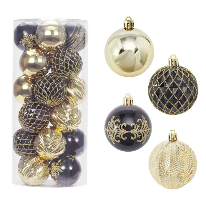 RoseCraft 60mm Hand-Printed Christmas Ball Ornaments Set 24PCS Black/Gold by Deal US