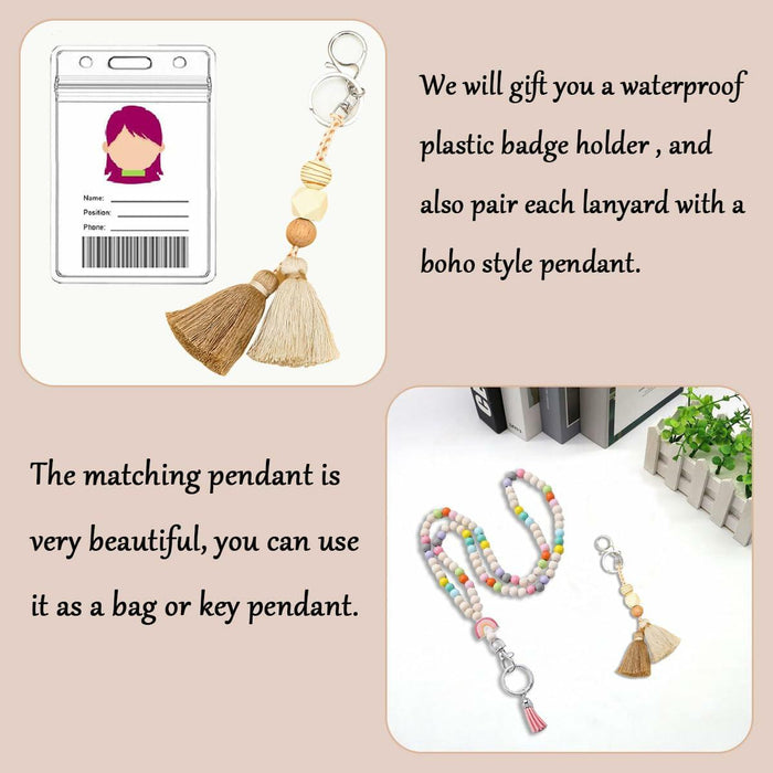 Teacher Lanyard with ID Holder Wooden Bead Silicone Boho Pendant Style E by Deal US