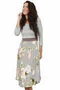 Eloges Women's Floral Midi Dress 3/4 Sleeve Contrast Waistband Grey/Mocha Size S by Deal US