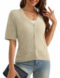VOIANLIMO Women's Cropped V-Neck Button Down Cardigan Sweater Apricot Size S by Deal US
