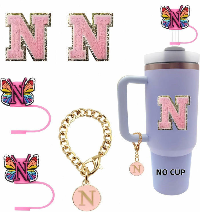 IN CHENTHY Straw Topper 2pcs Letter N Covers + Charm Chain + Alphabet Stickers by Deal US