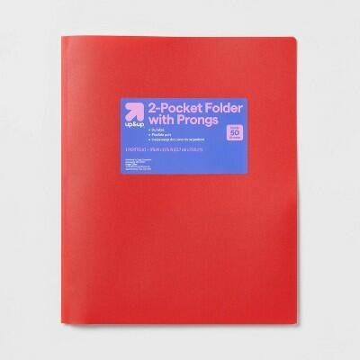 up&up 2 Pocket Plastic Folder with Prongs Red 50 Sheet Capacity Polypropylene by Deal US