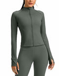 Womens Cropped Workout Jacket Slim Fit Full Zip Thumb Holes Pockets Sage Grey XL by Deal US
