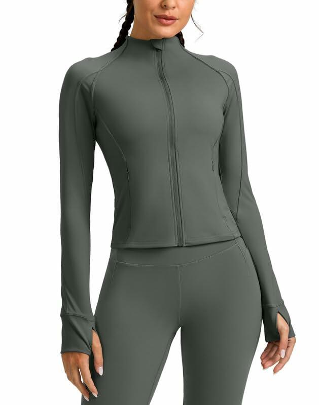 Womens Cropped Workout Jacket Slim Fit Full Zip Thumb Holes Pockets Sage Grey XL by Deal US