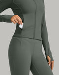 Womens Cropped Workout Jacket Slim Fit Full Zip Thumb Holes Pockets Sage Grey XL by Deal US