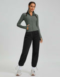 Womens Cropped Workout Jacket Slim Fit Full Zip Thumb Holes Pockets Sage Grey XL by Deal US