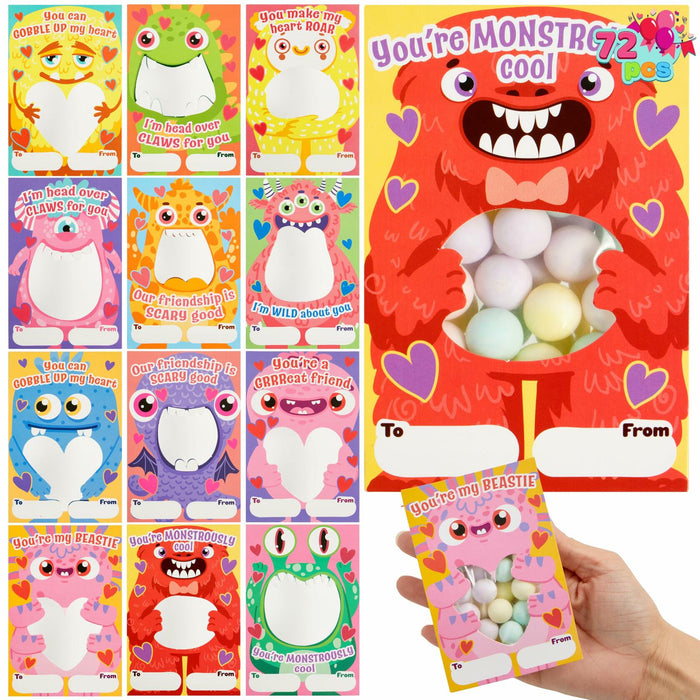 JOYIN 72 Pcs Valentines Monster Gift Cards with Bags Candy Holder Cards by Deal US