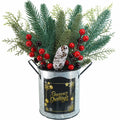 Winlyn Christmas Floral Arrangement Pinecone Red Berry Galvanized Pot 12.4" by Deal US