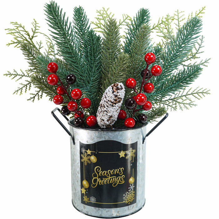 Winlyn Christmas Floral Arrangement Pinecone Red Berry Galvanized Pot 12.4" by Deal US