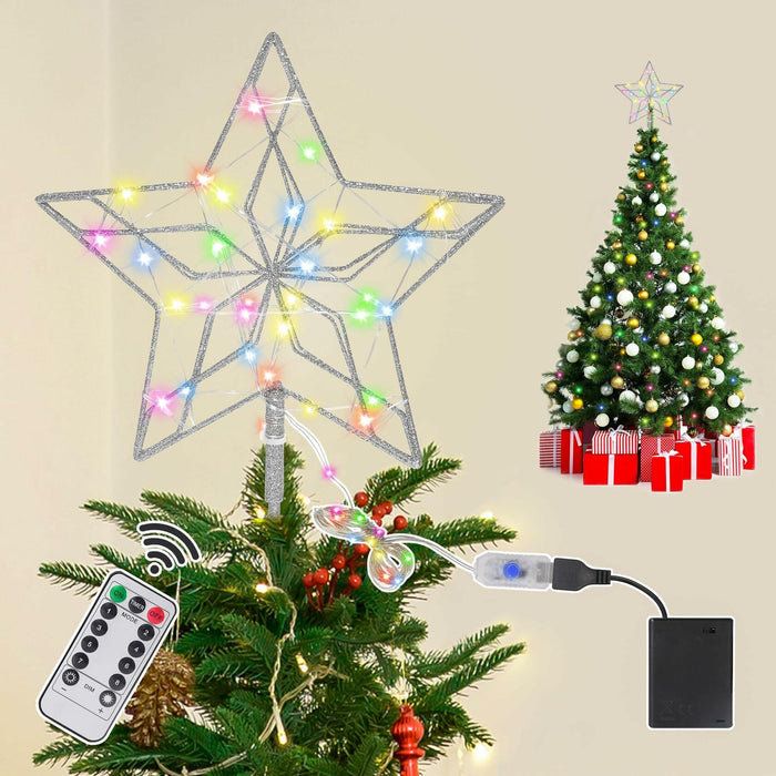 Christmas Tree Topper 50 LED Lighted Silver Star Remote Control 8 Modes by Deal US