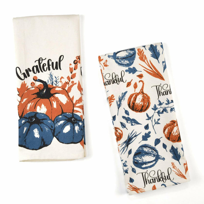 The Fine Living Company 2pc Thankful Grateful Dish Towels 18x28 Blue Orange by Deal US